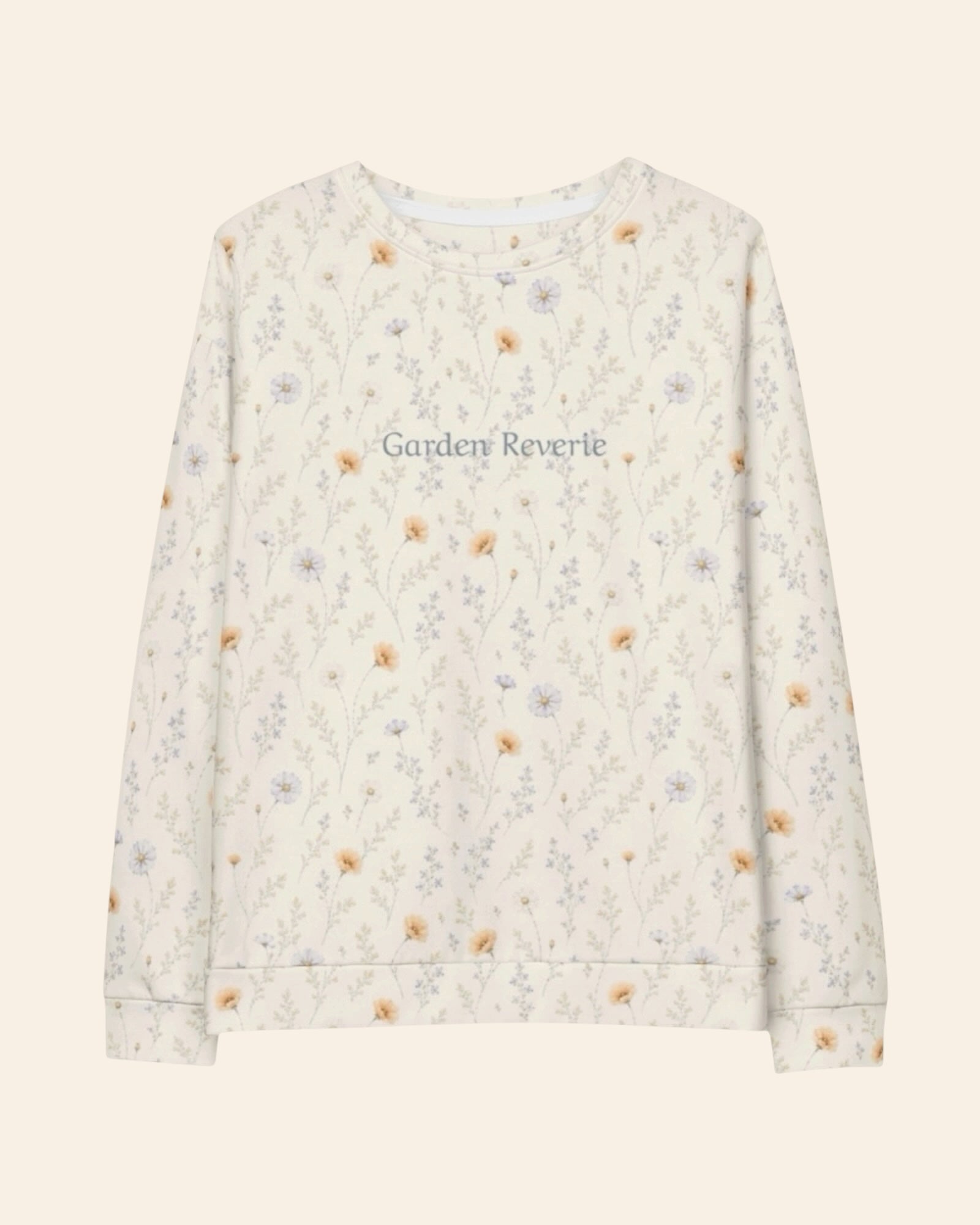 Garden Reverie Crewneck Sweatshirt, with peach poppies, blue cosmos, forget-me-nots, and daisies print