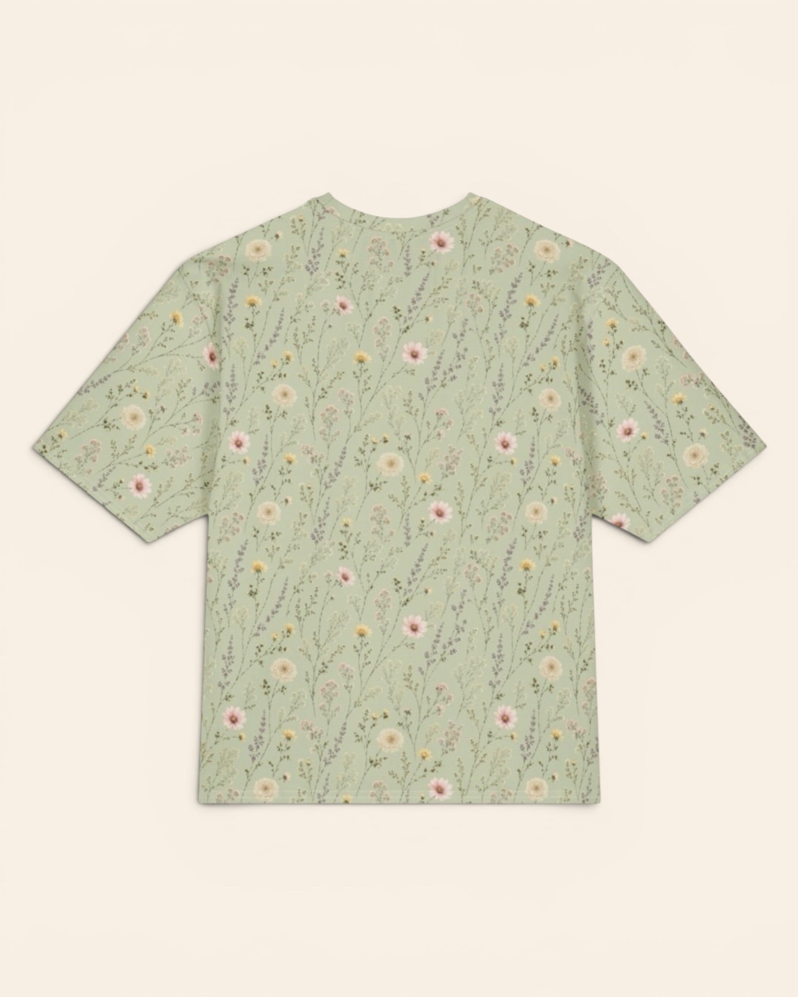 Secret Garden Oversized Tee, with ranunculus, cosmos, and larkspur print