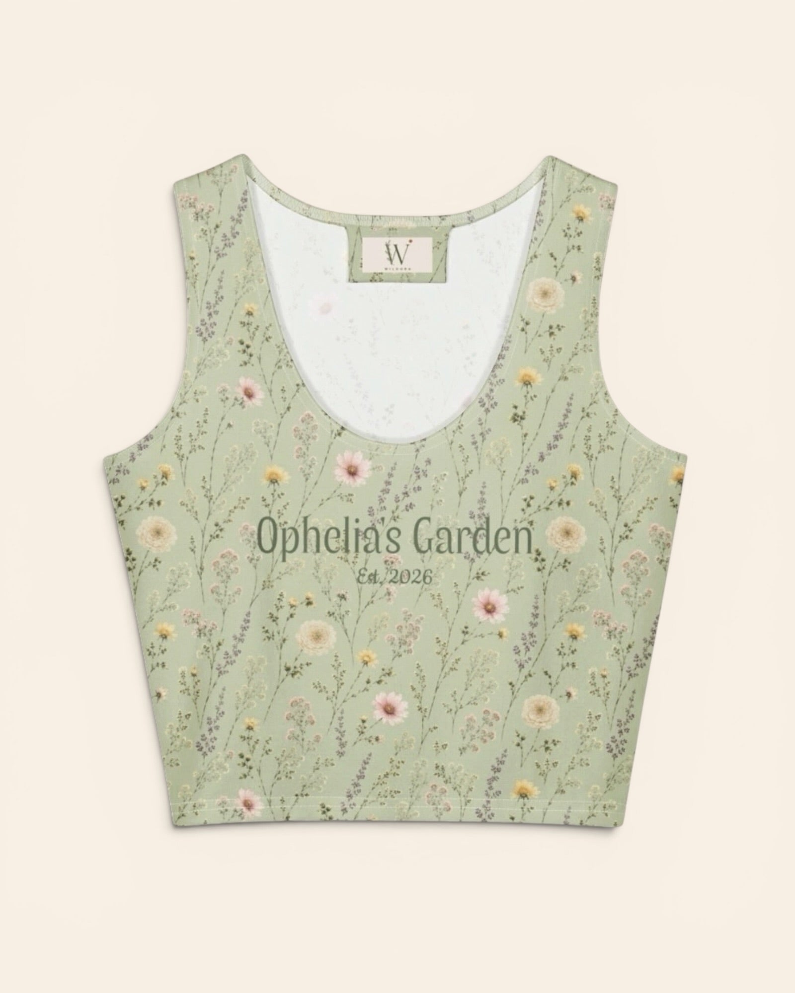 Secret Garden Crop Top, with ranunculus, cosmos, and larkspur print