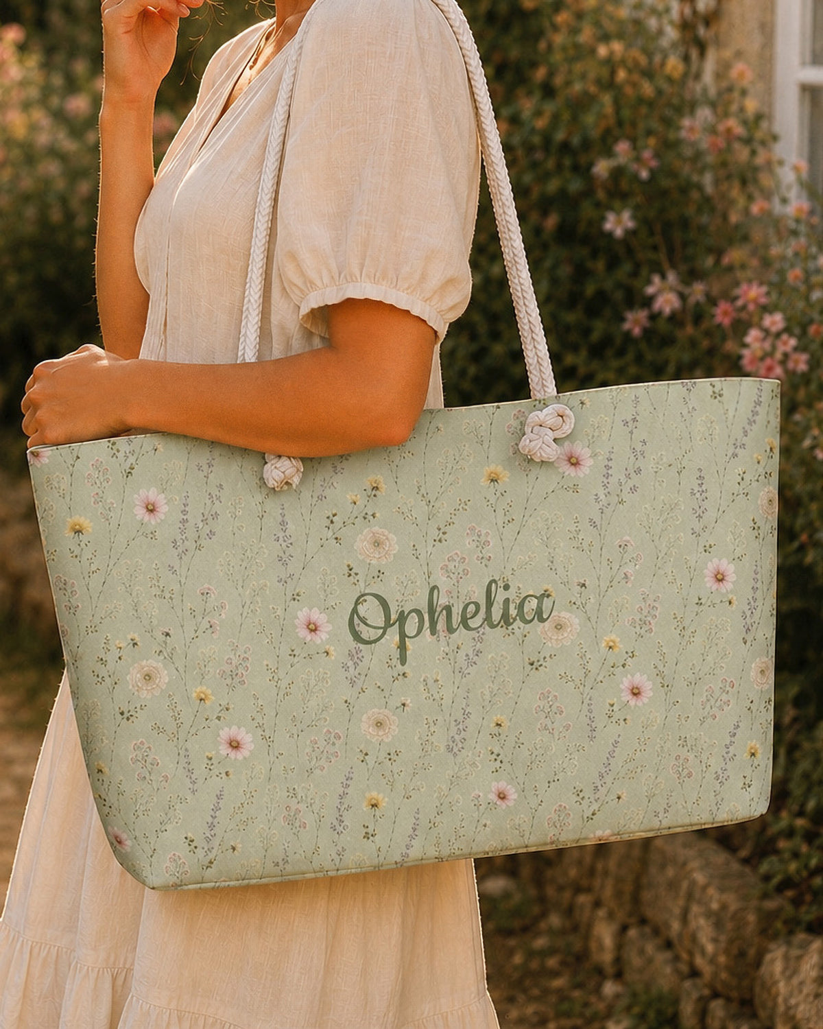 A woman carries the weekender tote on her forearm, wearing a cream linen dress, among pale roses. The bag is sage green, scattered with small white and pink garden florals, with the sample name Ophelia in a flowing script across the side panel and thick cream rope handles knotted through the top corners.