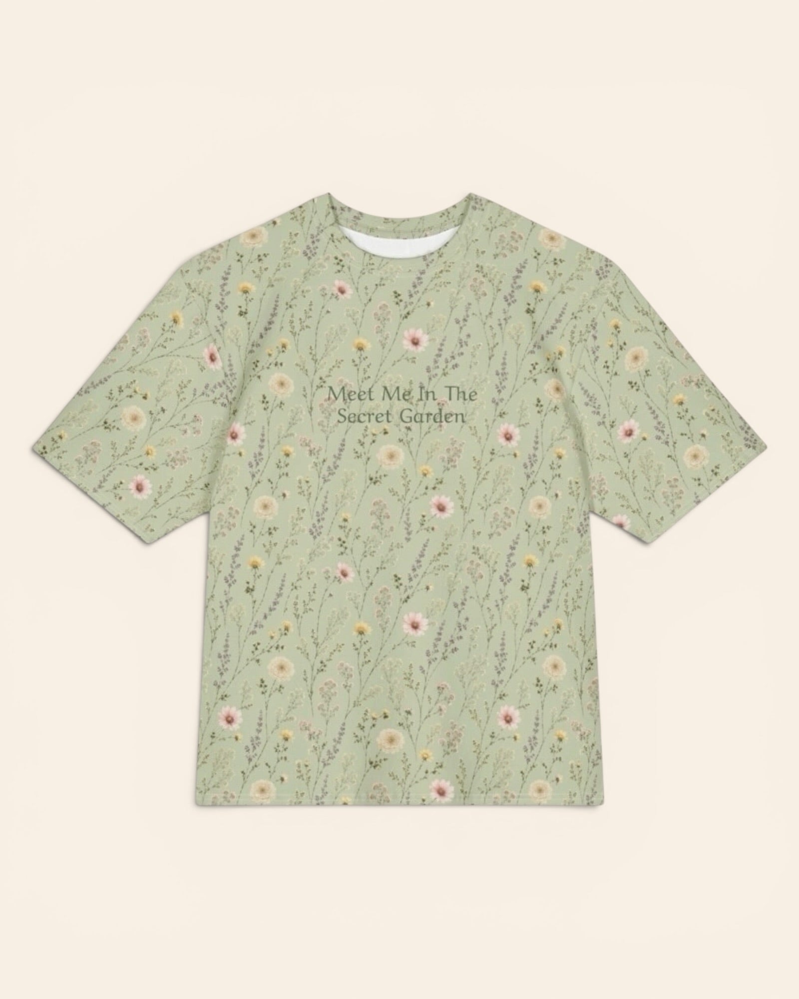 Secret Garden Oversized Tee, with ranunculus, cosmos, and larkspur print