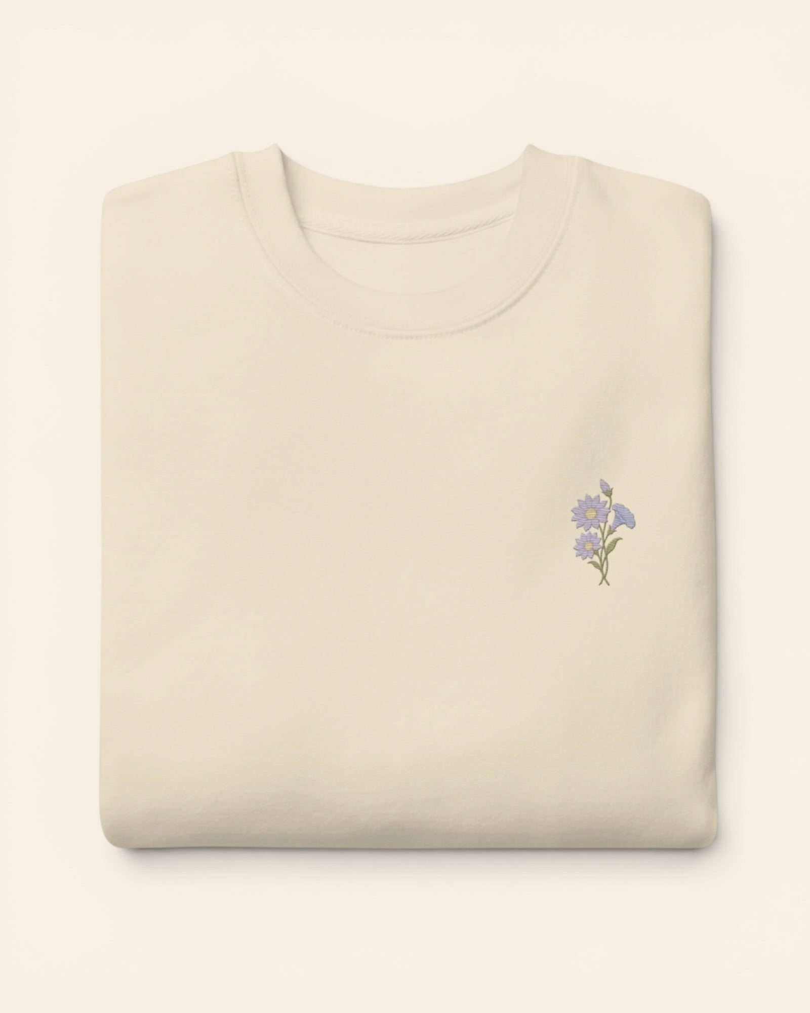 September birth flower crewneck sweatshirt with embroidered aster and morning glory, in Bone