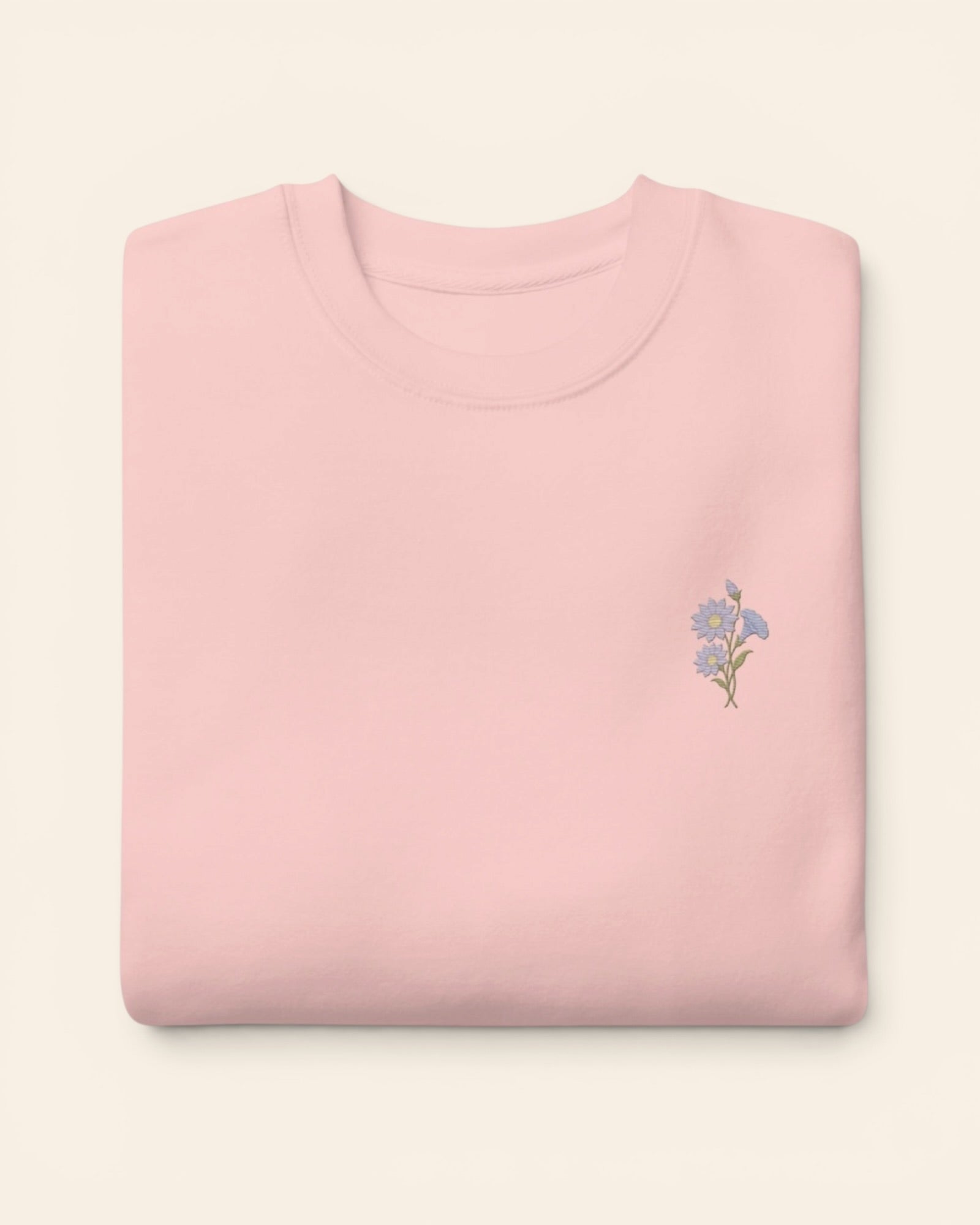 September birth flower crewneck sweatshirt with embroidered aster and morning glory, in Light Pink