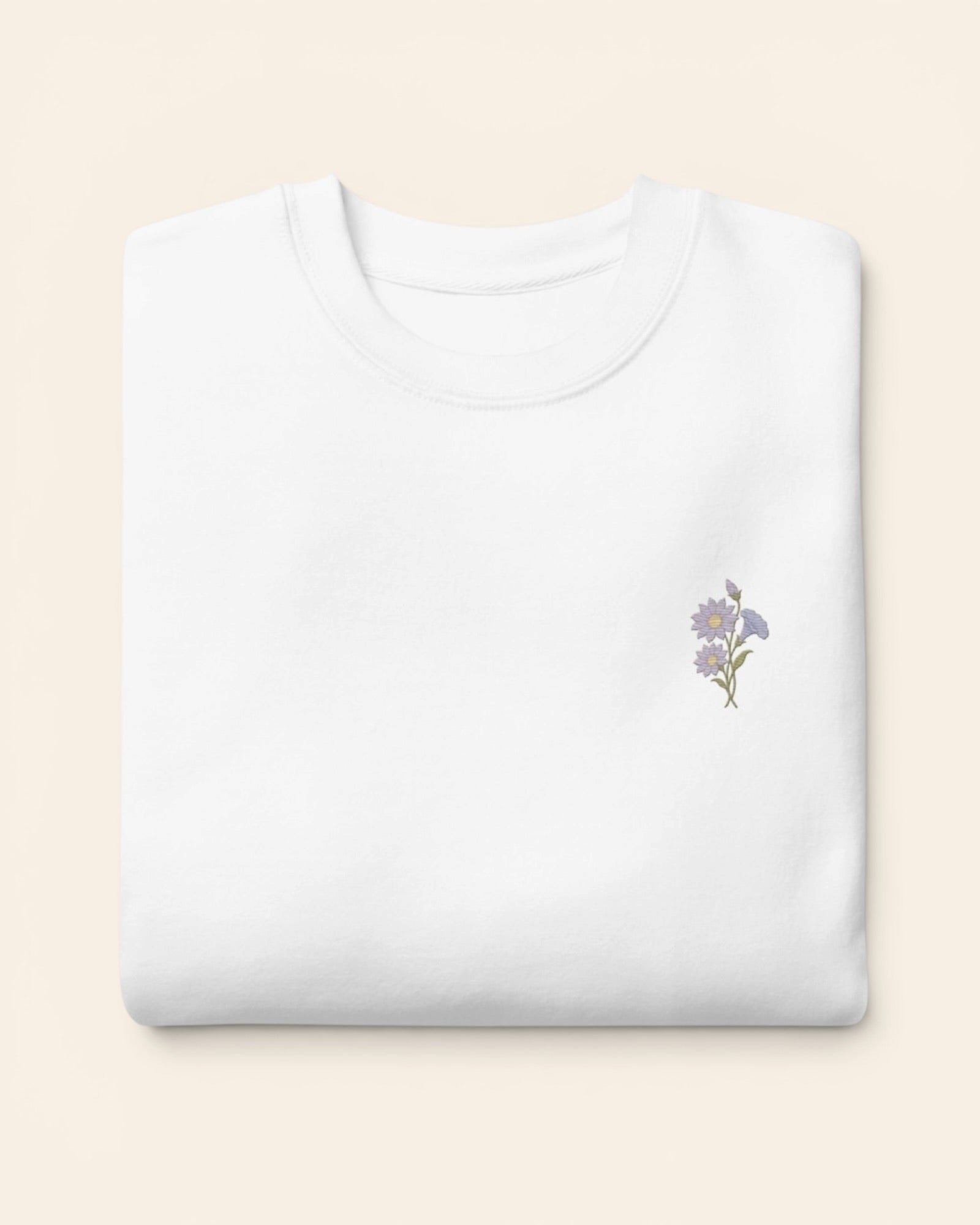 September birth flower crewneck sweatshirt with embroidered aster and morning glory, in White
