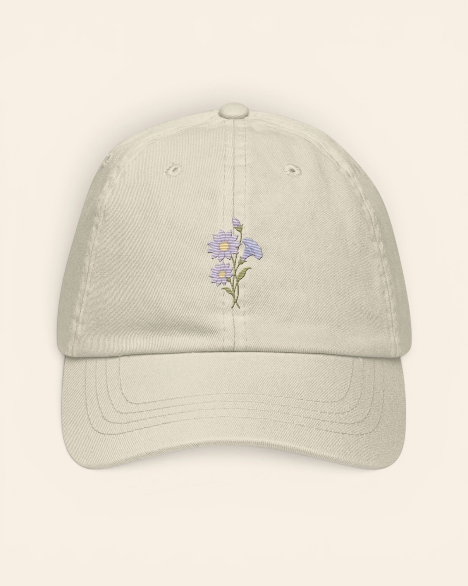 September birth flower hat with embroidered aster and morning glory, in Beige
