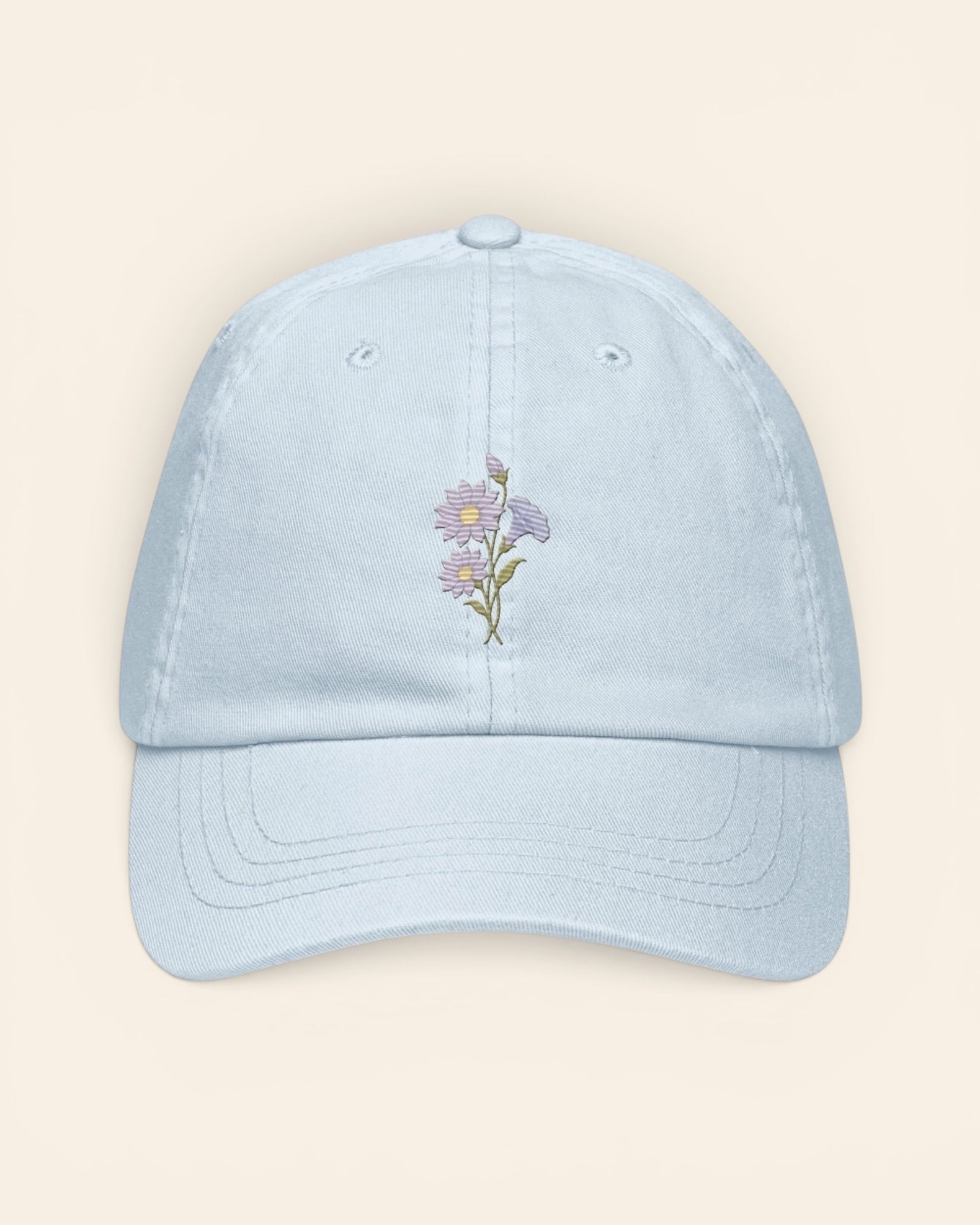 September birth flower hat with embroidered aster and morning glory, in Pastel Blue