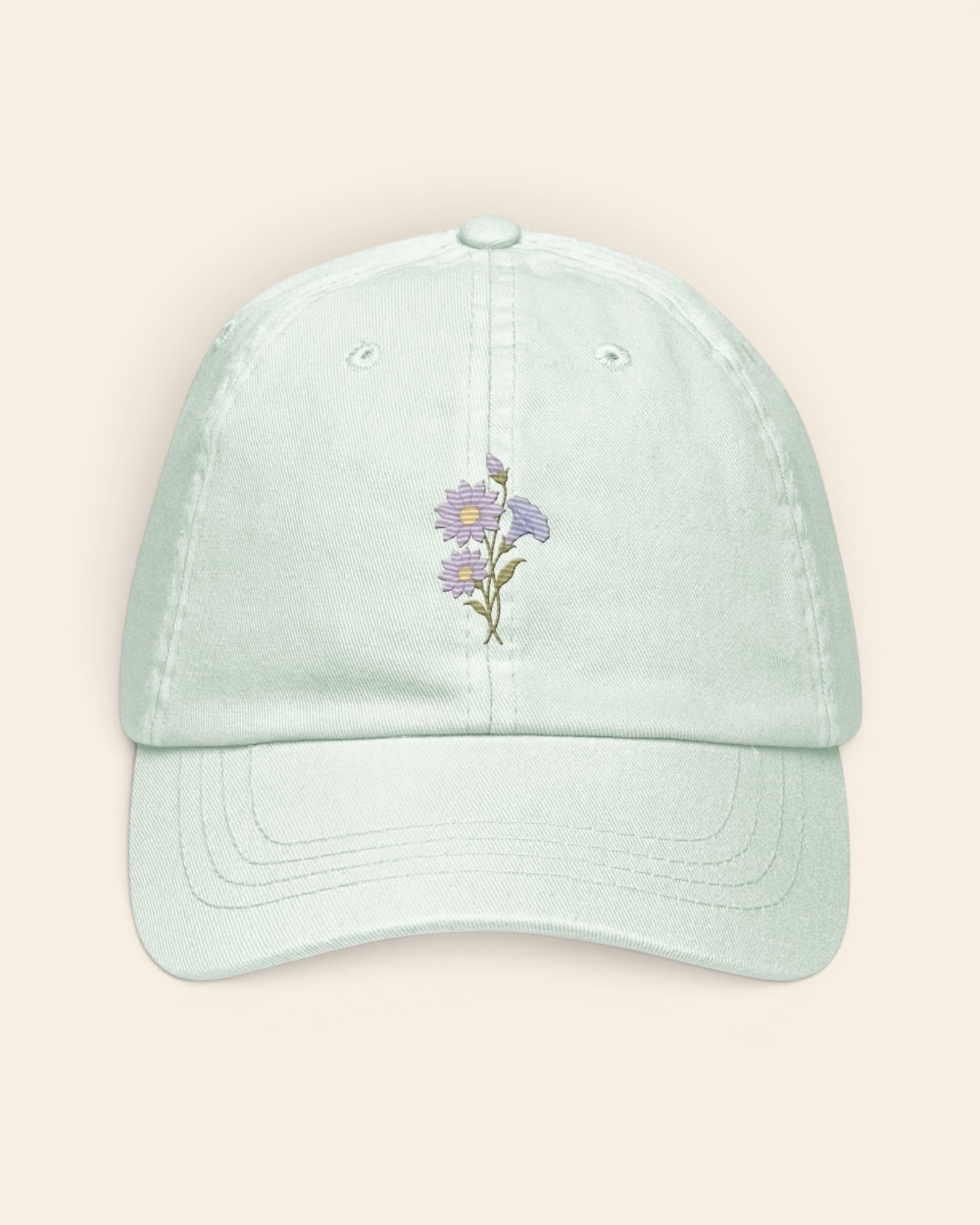 September birth flower hat with embroidered aster and morning glory, in Pastel Mint
