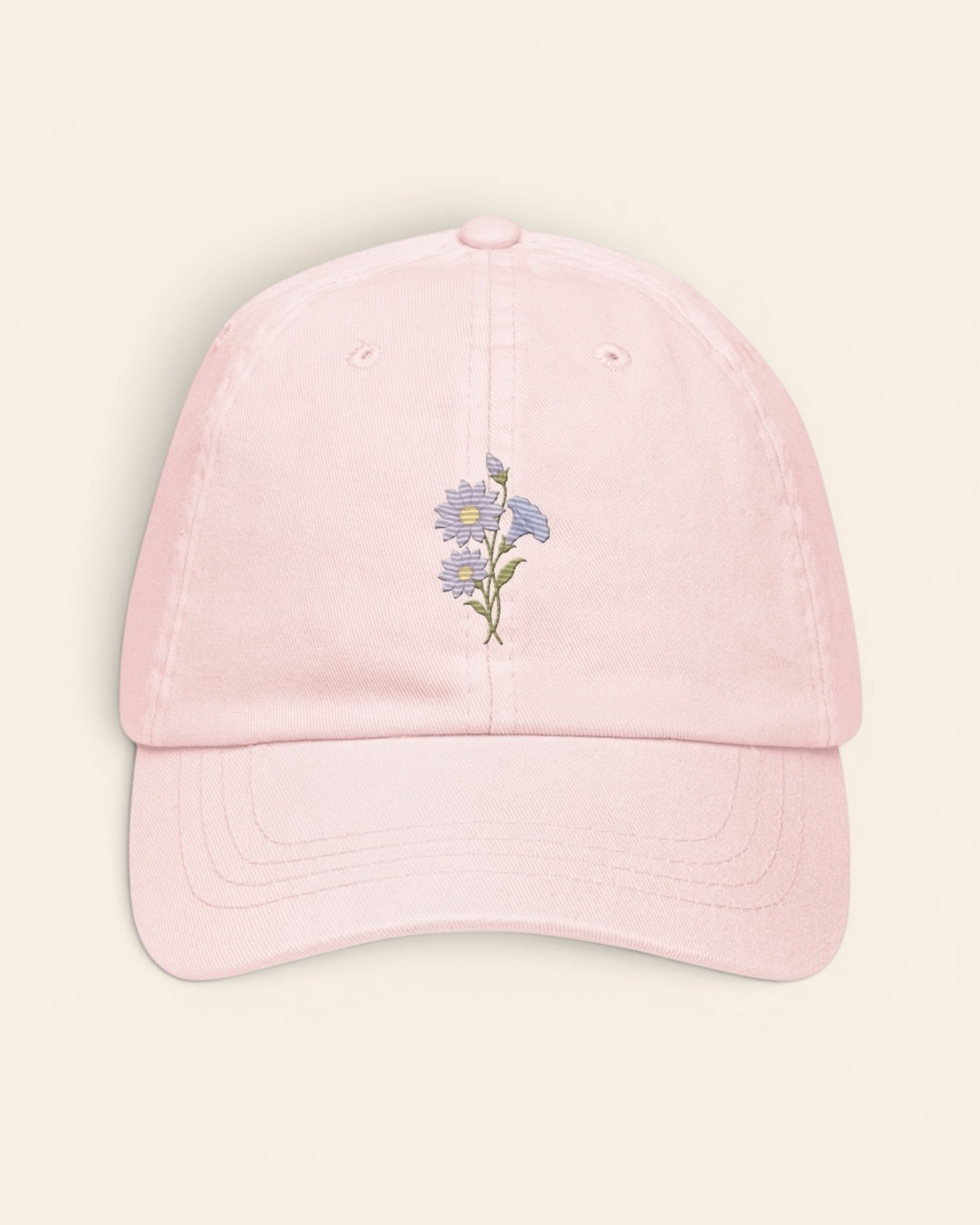 September birth flower hat with embroidered aster and morning glory, in Pastel Pink