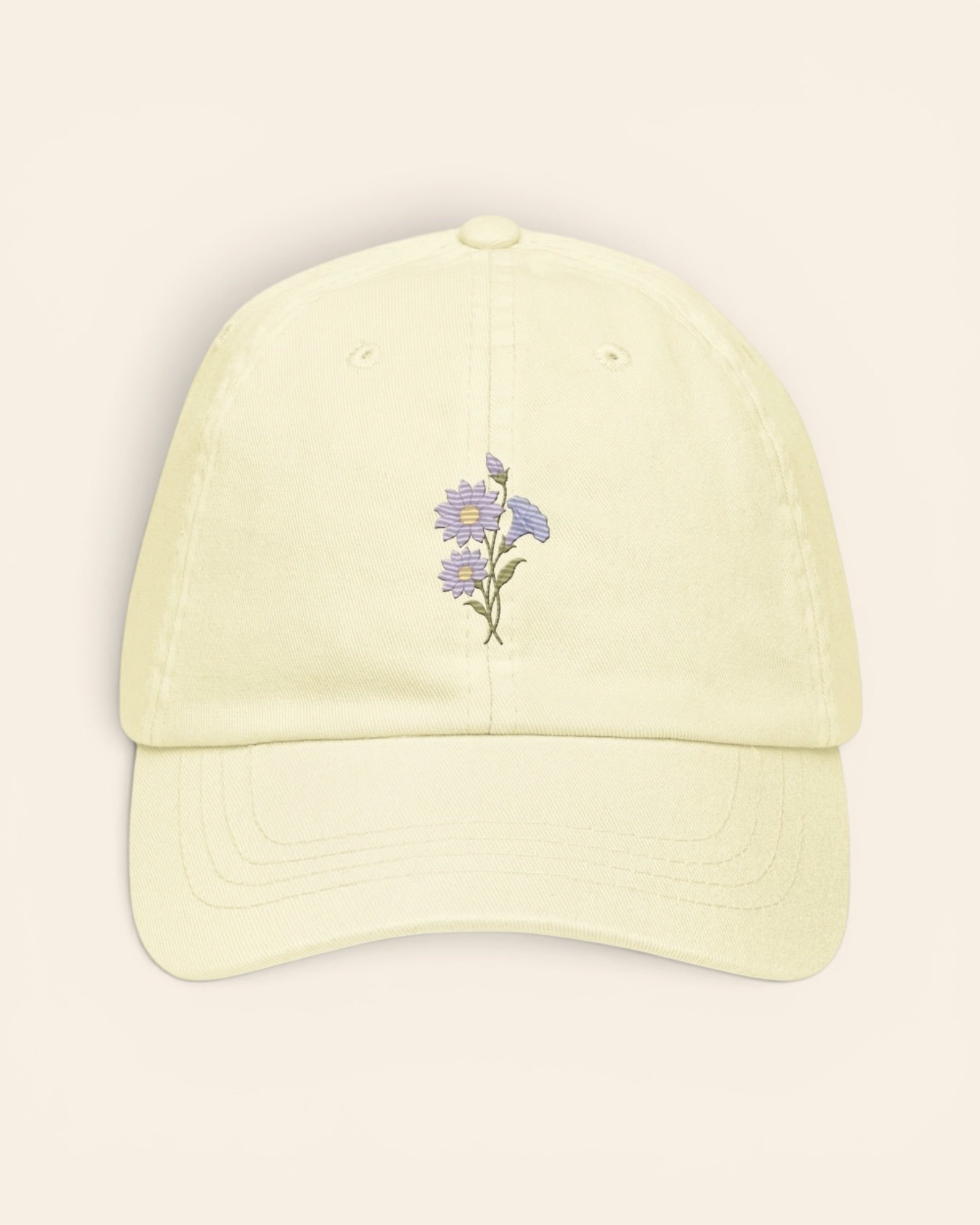 September birth flower hat with embroidered aster and morning glory, in Pastel Lemon