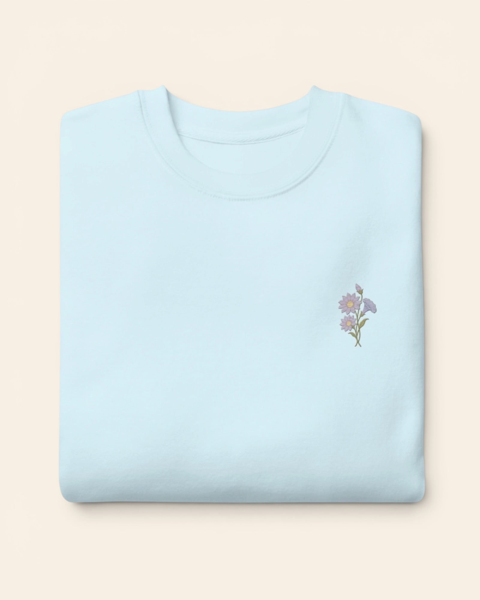 September birth flower crewneck sweatshirt with embroidered aster and morning glory, in Sky Blue
