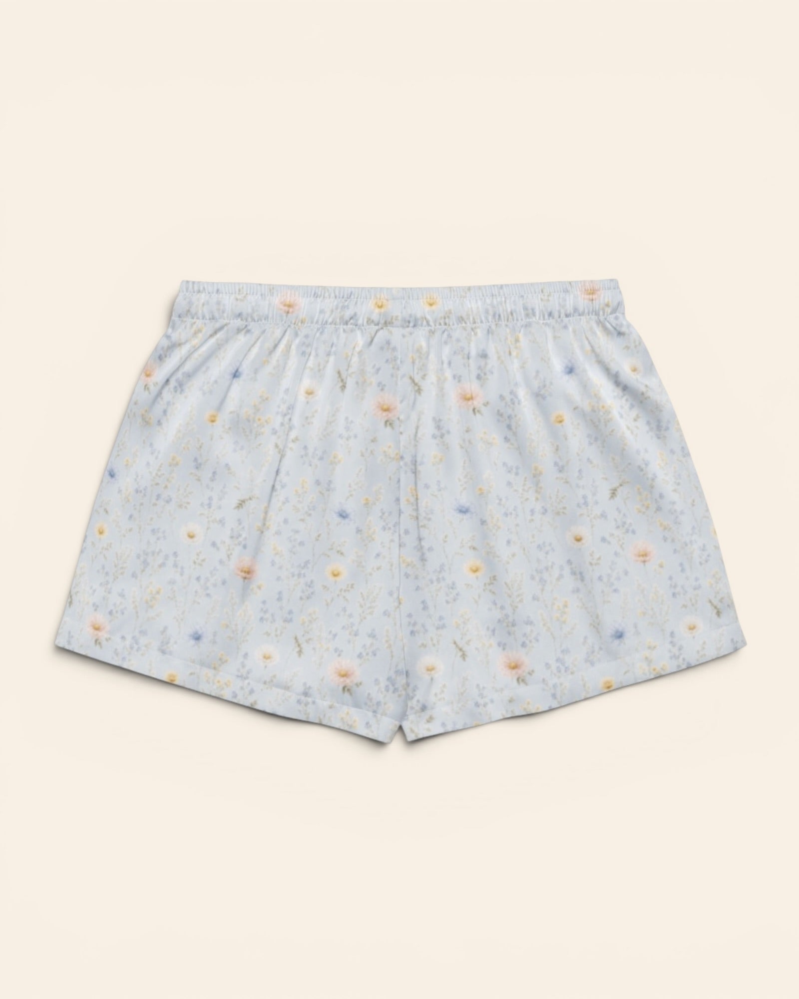 Blue Morning Blooms Short Sleeve Pajamas, with blue forget-me-nots, powder-blue cosmos, and white daisies print