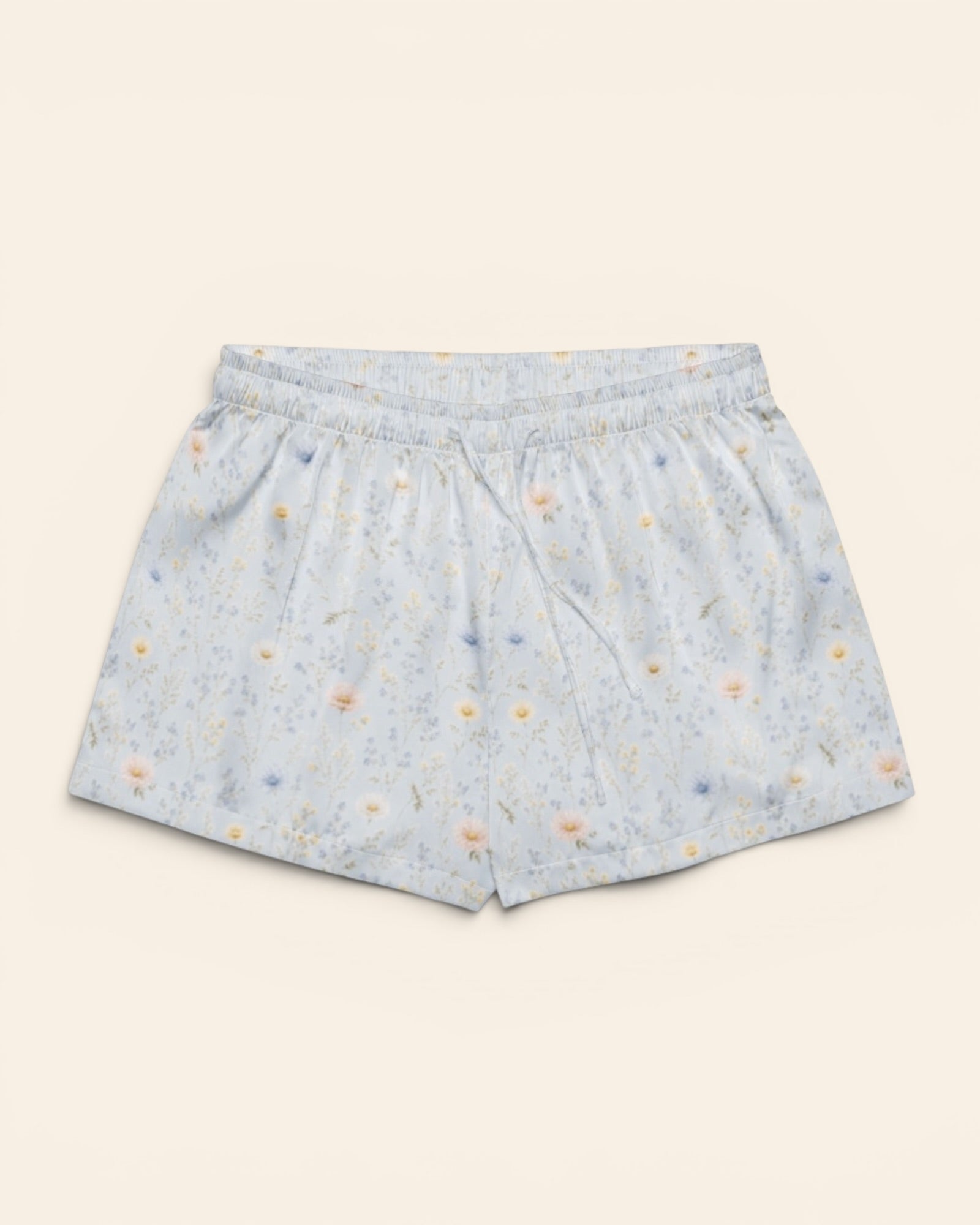 Blue Morning Blooms Short Sleeve Pajamas, with blue forget-me-nots, powder-blue cosmos, and white daisies print