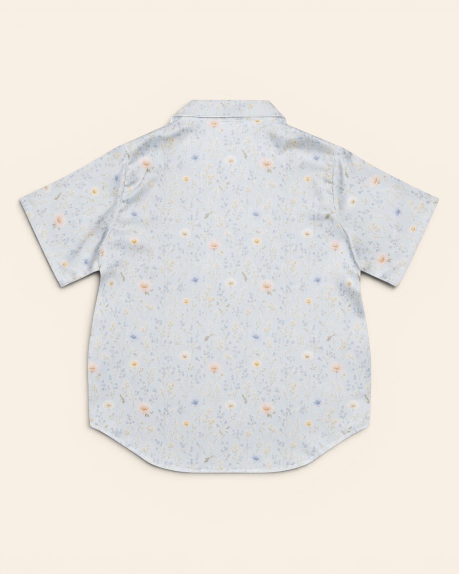 Blue Morning Blooms Short Sleeve Pajamas, with blue forget-me-nots, powder-blue cosmos, and white daisies print