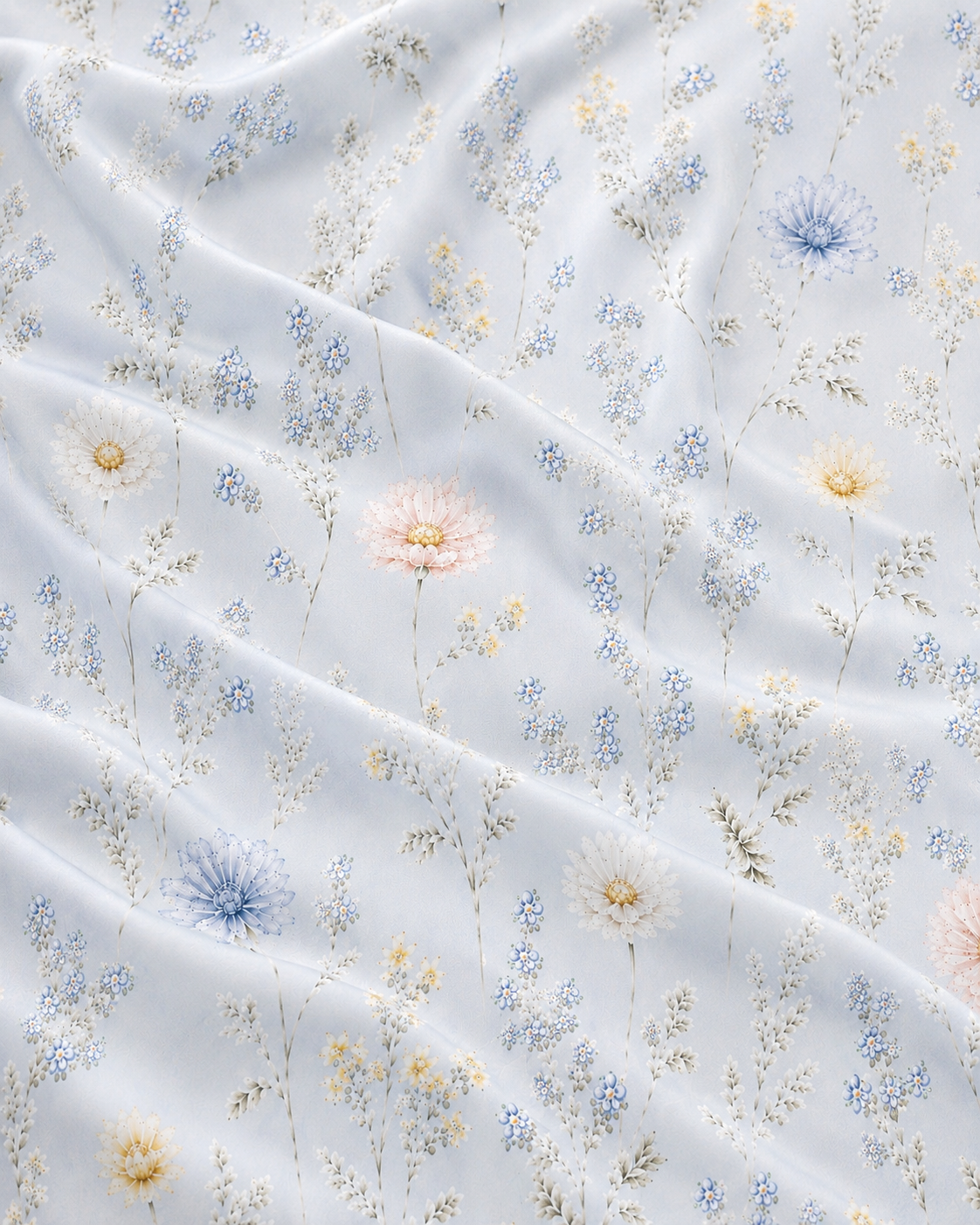 Blue Morning Blooms Long Sleeve Pajamas, with blue forget-me-nots, powder-blue cosmos, and white daisies print