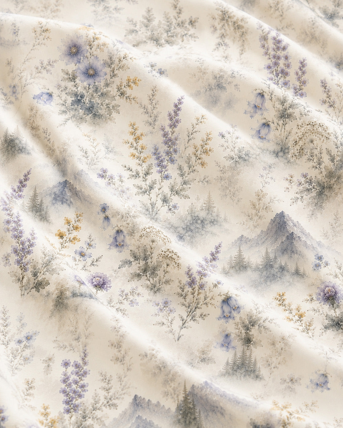 Alpine Reverie Long Sleeve Pajamas, with misty blue-gray mountains, alpine asters, and bellflowers print
