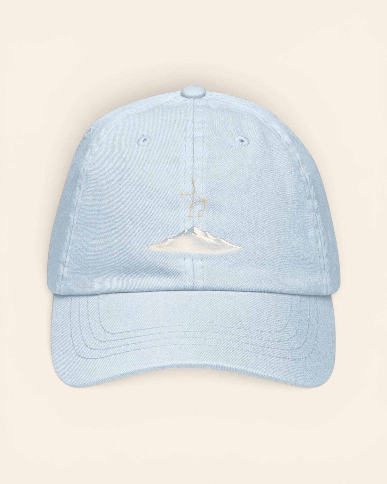 Virgo constellation hat with embroidered stars above a mountain ridge, in Pastel Blue