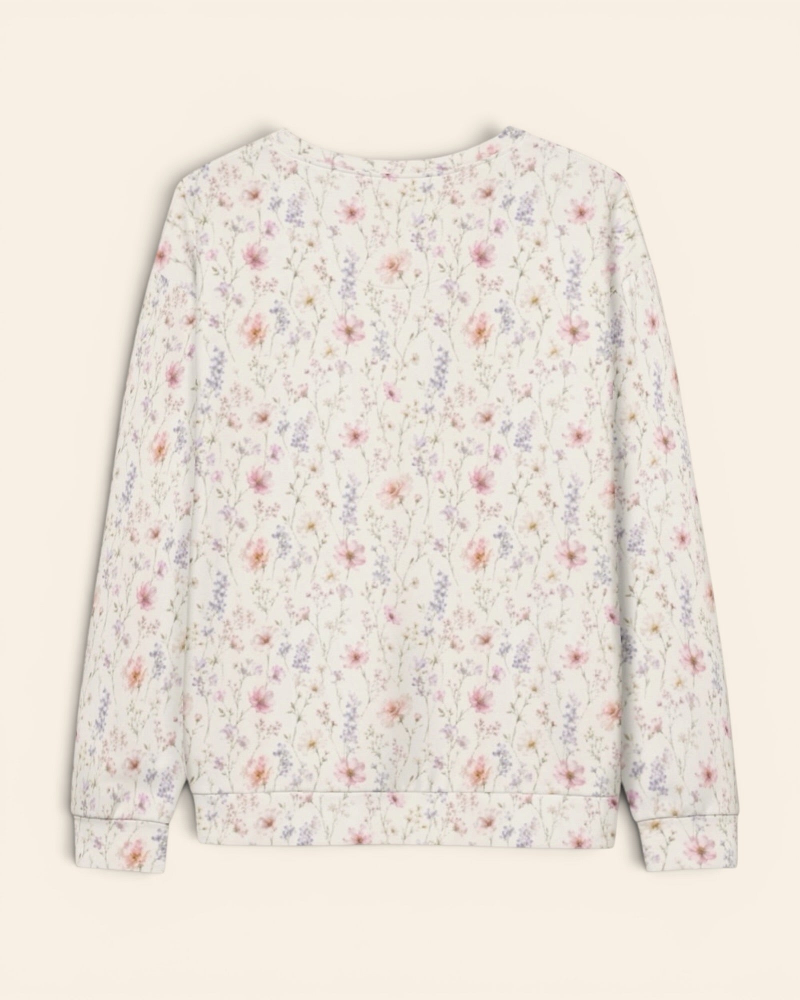 The Wildflower Theory Crewneck Sweatshirt, with blush cosmos, cottage roses, larkspur, and baby's breath print